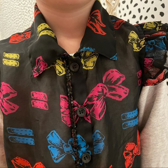 Harajuku Mini Black Primary Color Bow Equality Button Up Collar Sheer Top 4/5 - Picture 5 of 11